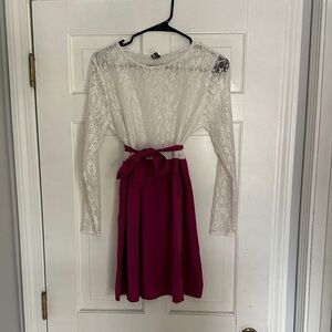 YOINS White Lace Top Long Sleeve with Magenta Skirt Dress